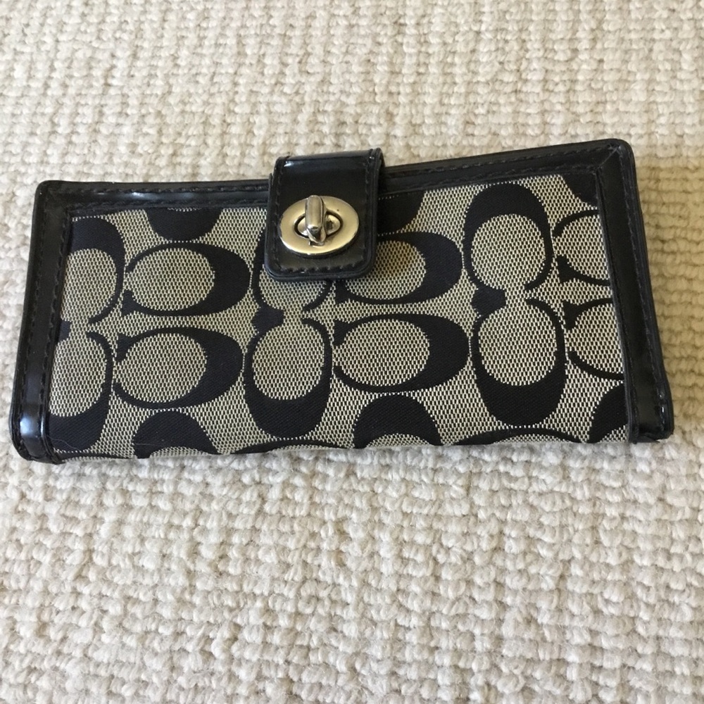 Coach Black and Tan Signature Canvas Turnlock Wallet